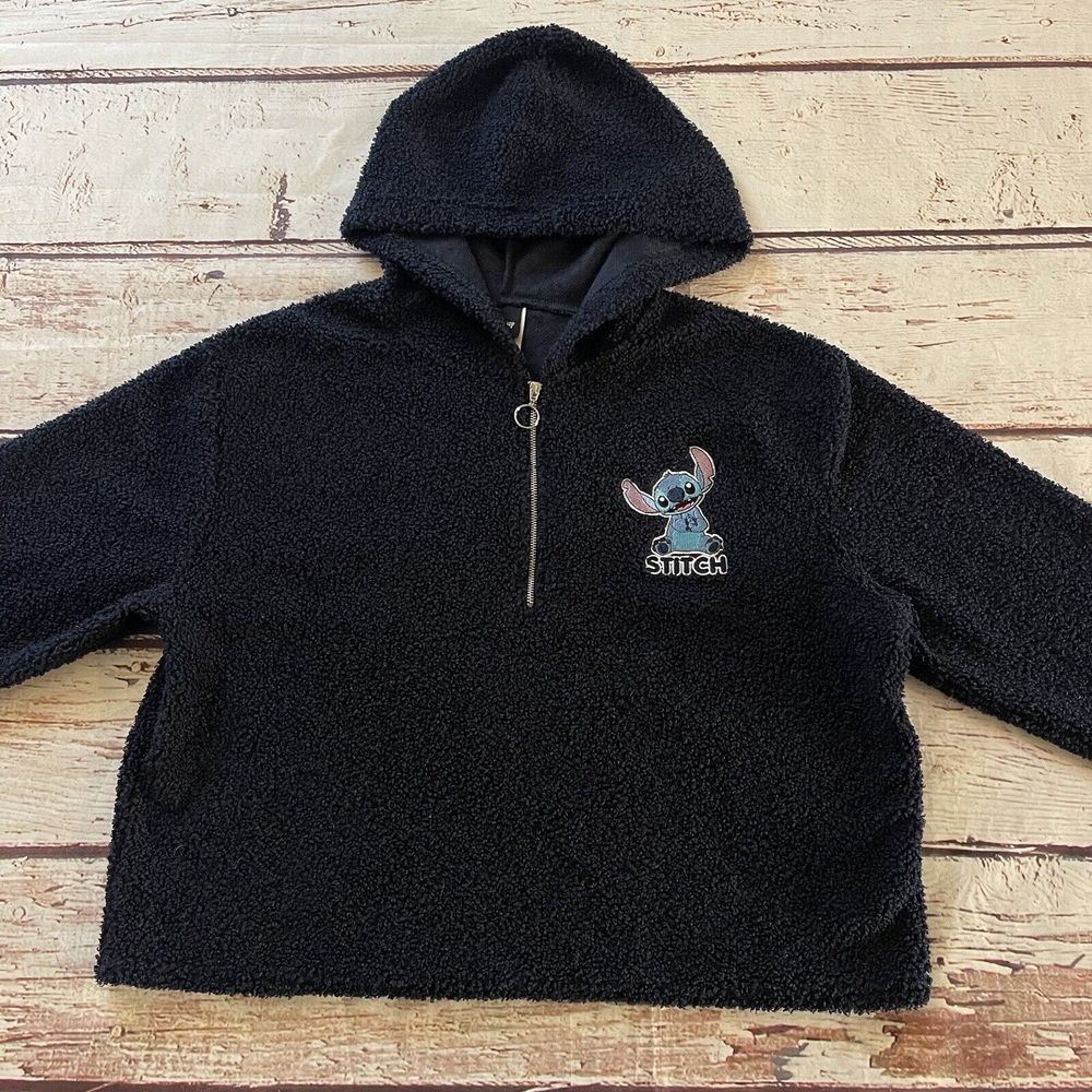 Disney Lilo and Stitch‎ Blue Hoodie Long Sleeve Cropped 1/4 Embroidered Sweater - Picture 2 of 7